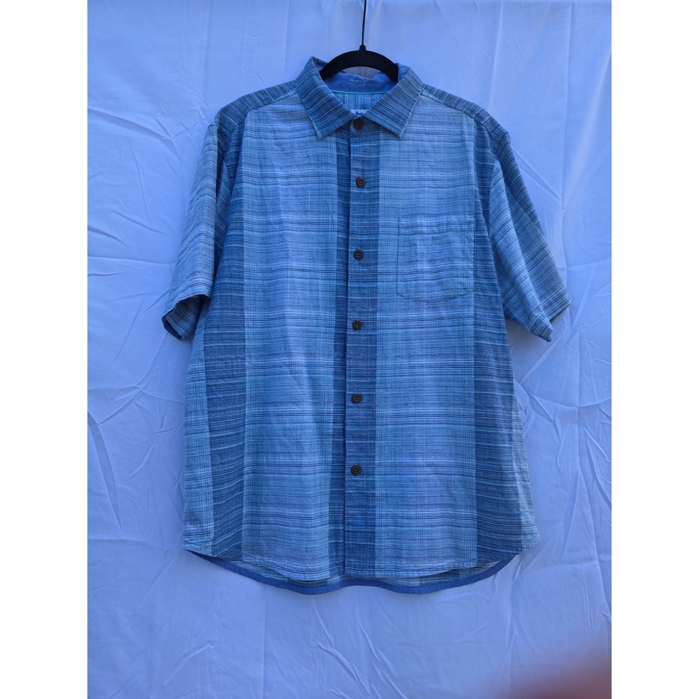 Tommy Bahama Mens Blue Textured Stripe Silk Cotton Short Sleeve Button Down M